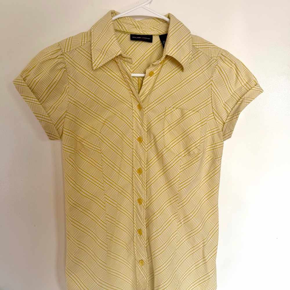New York & Company Gingham Yellow Plaid Button-Front Blouse